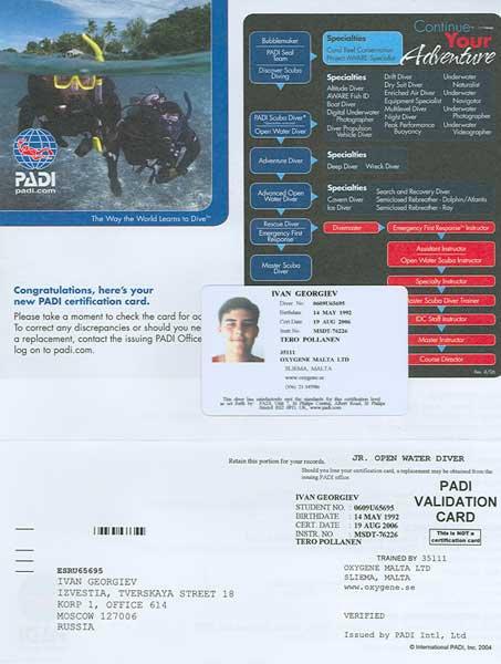 PADI certification card